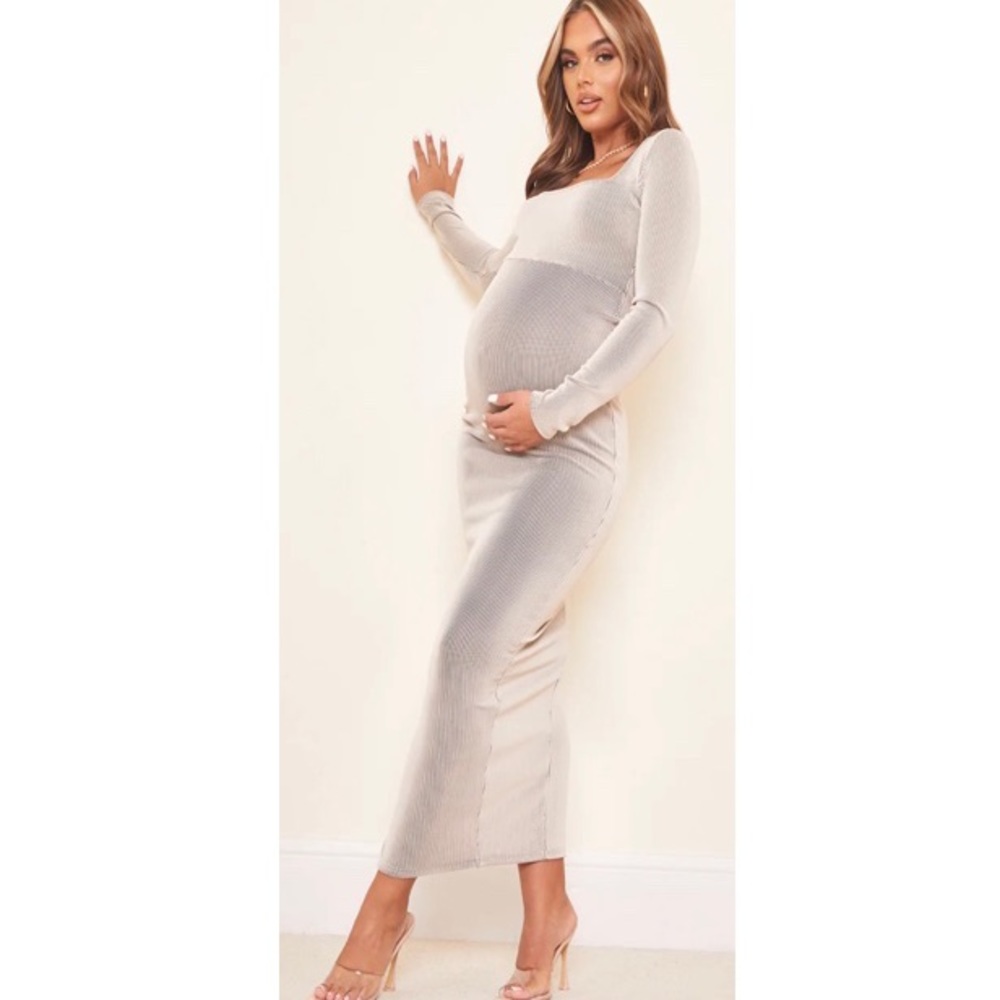 Maternity Cream Ribbed Side Split Maxi Dress